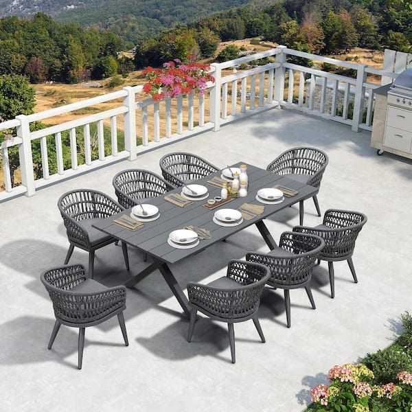 9-Piece Aluminum All-Weather PE Rattan Rectangular Outdoor Dining Set with Cushion, Gray