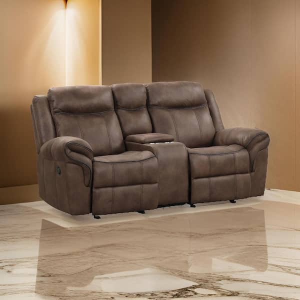 38.5 in. Brown and Black Faux Leather 2-Seater Loveseat with Storage Console and Cupholders