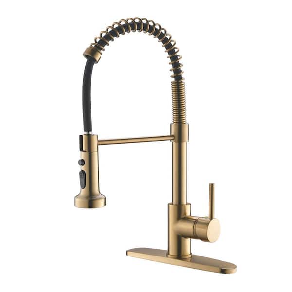 Unbranded Single Handle Pull Down Sprayer Kitchen Faucet, Single Hole Kitchen Sink Faucet with Deck Plate in Brushed Gold
