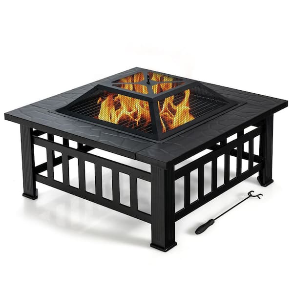 HONEY JOY 3-In-1 Square Metal Outdoor Fire Pit Table Patio Fire bowel w/BBQ Grill and Rain Cover