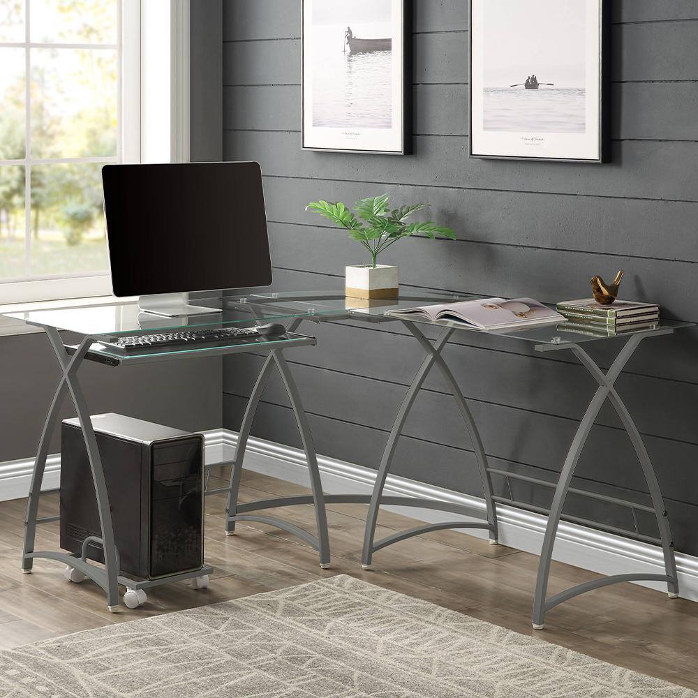 Dazenus Executive Black Glass Corner Desk with USB Port & Filing Cabinet