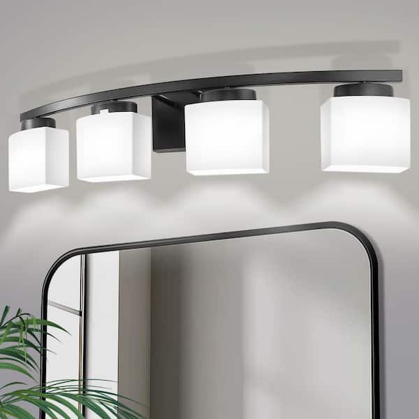 33.5 In. 4-Light Black Modern Square Vanity Light with Curved Arms and Milk White Glass Shades for Bathroom or Bedroom