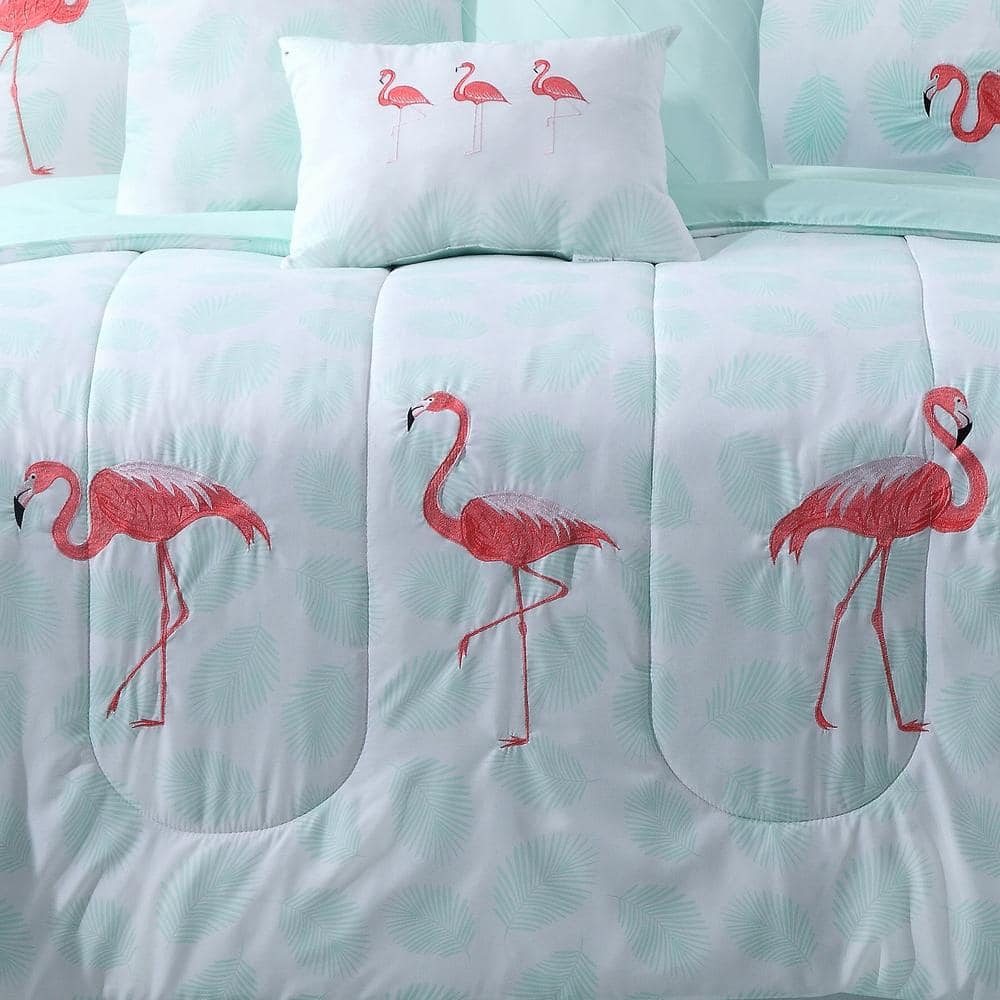 Mint Flamingo Embroidered Microfiber Full Bedspread Set