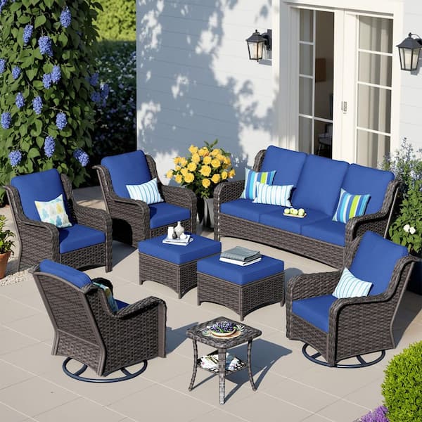 Oreille Brown 8-Piece Wicker Outdoor Patio Conversation Sofa Set with Swivel Rocking Chairs and Navy Blue Cushions