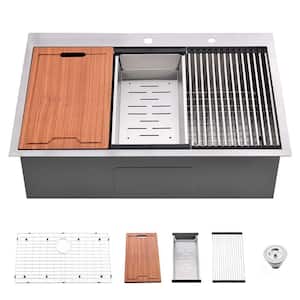 30 in. Drop-in Single Bowl 16 Gauge Brushed Nickel Stainless Steel Kitchen Sink with Cutting Board, Drying Rolling Rack