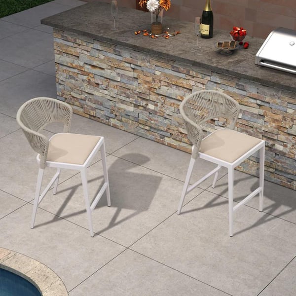 Modern Aluminum Low Back Rattan Bar Height Outdoor Bar Stool with Backrest and White Cushion (2-Pack)