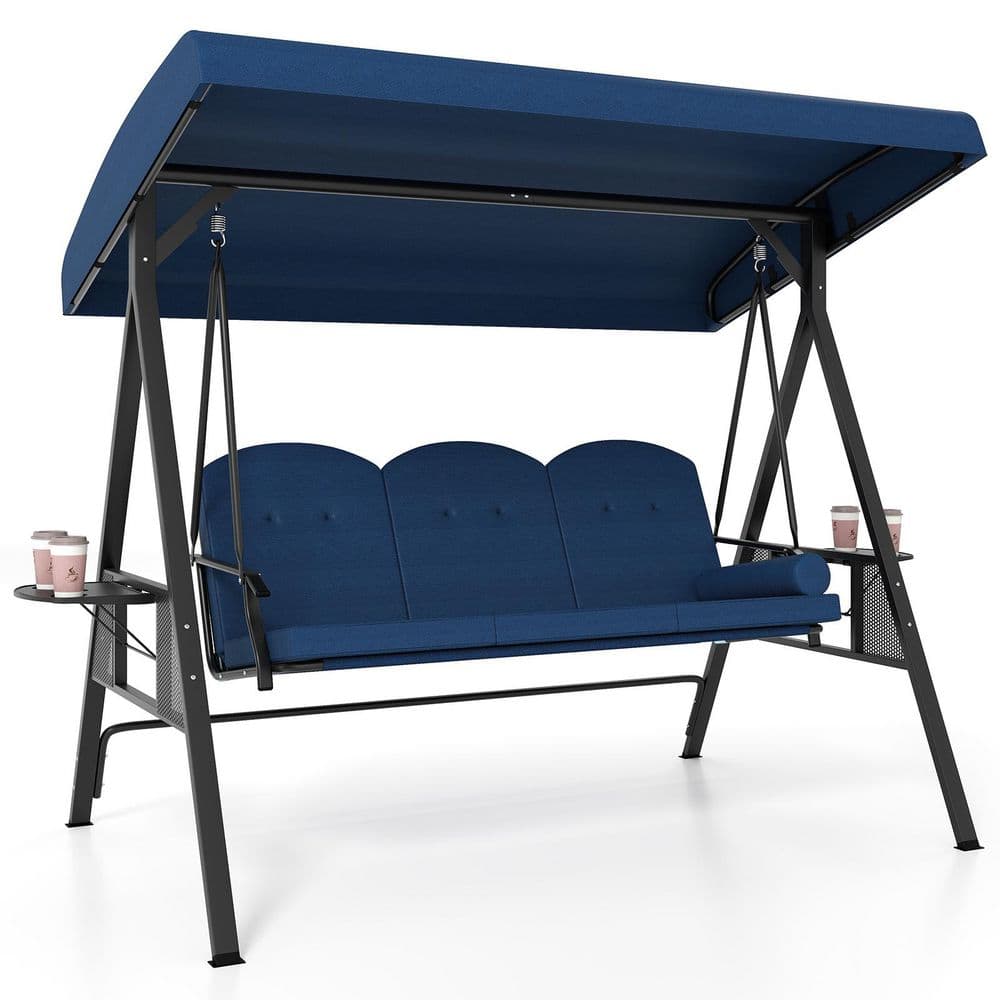3-Seat Metal Patio Swing with Adjustable Canopy Thickened Cushions Pillow and Foldable Side Trays in Navy price history on PriceWatchPro