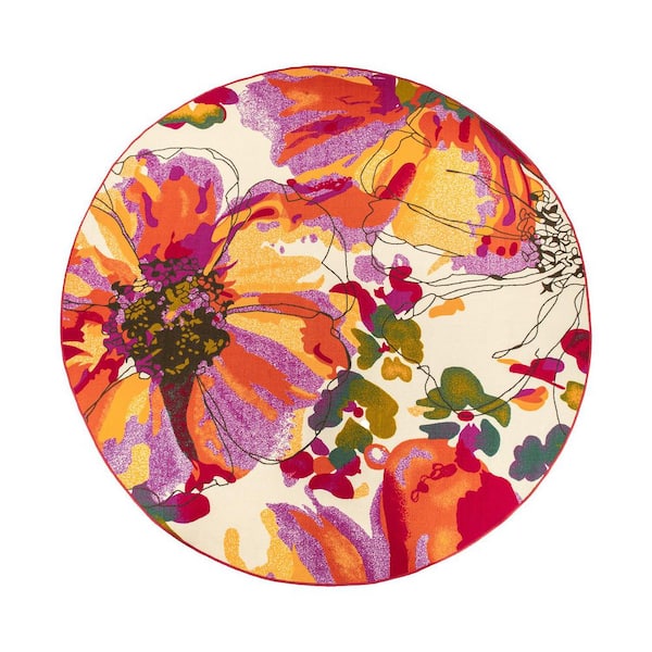 Contemporary Bright Flowers Non-Slip (Non-Skid) Multi 8 ft.  Round Indoor Area Rug