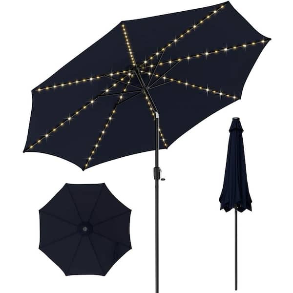 ANGELES HOME 10 ft. Iron Market Solar Lights Tilt Patio Umbrella in Navy