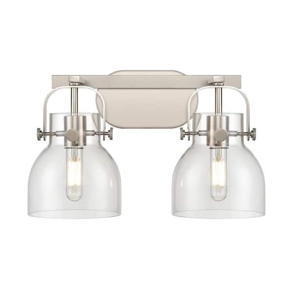 Innovations Pilaster II Bell 17 in. 2-Light Satin Nickel Vanity Light with Glass Shade