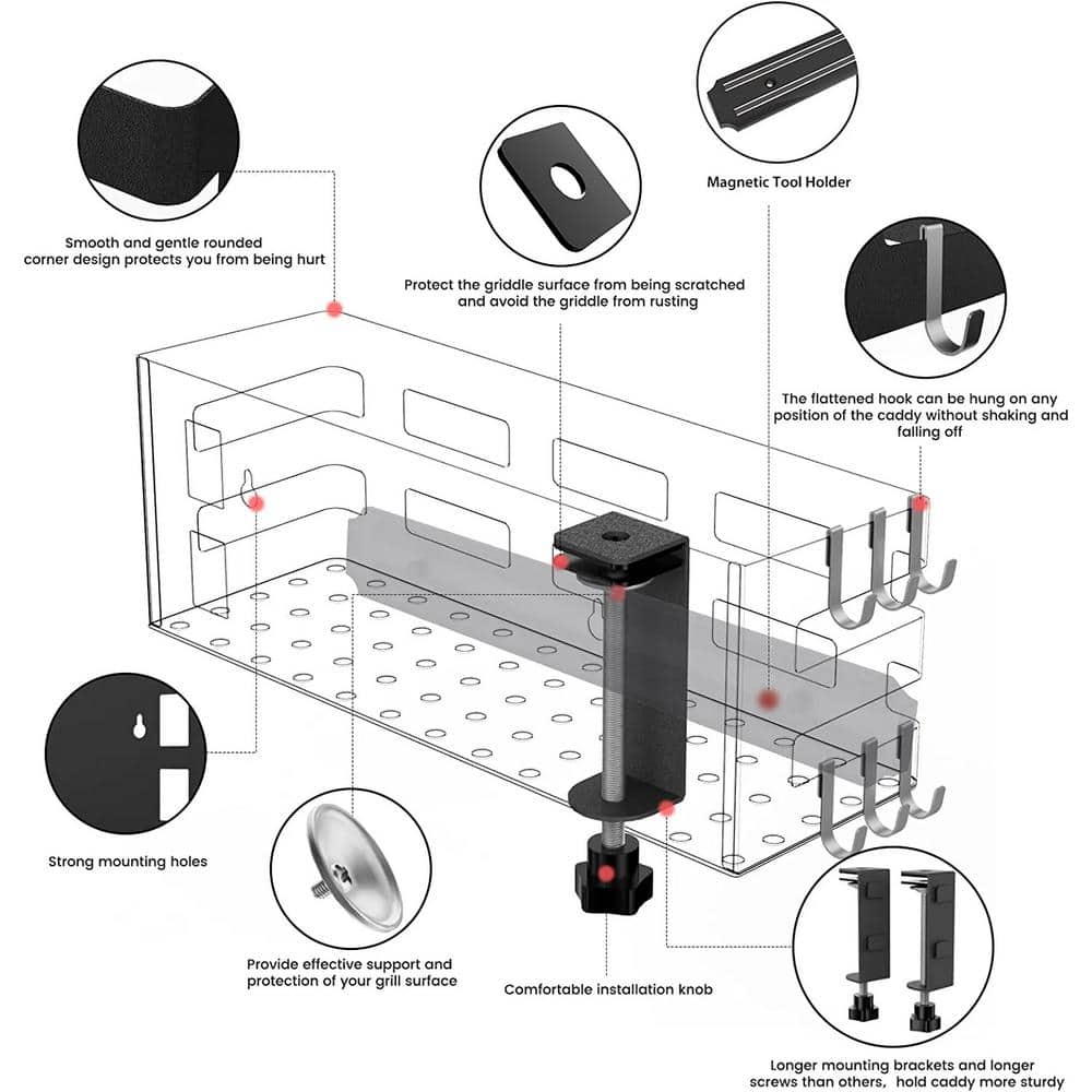 Space Saving Black Metal Grill Storage Rack with Magnetic Tool Holder