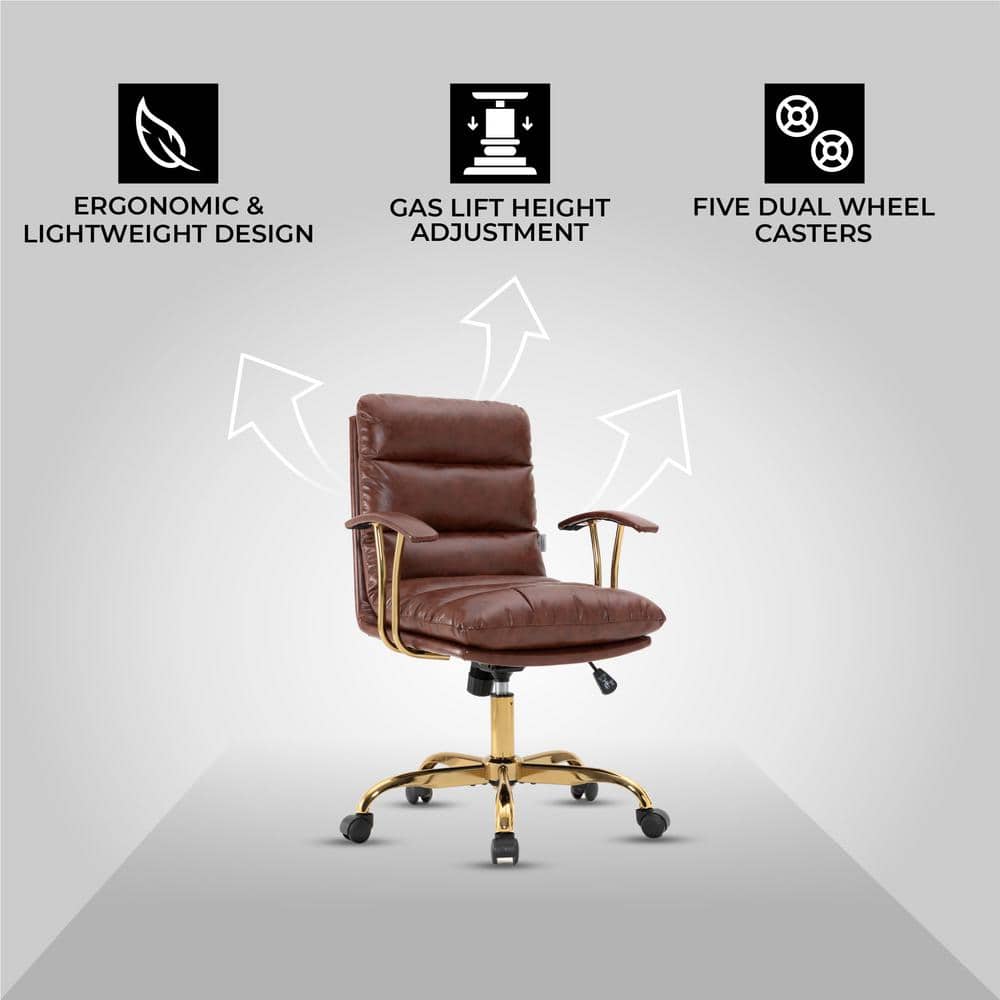 Walnut Brown Leather Executive Swivel Office Chair with Gold Base