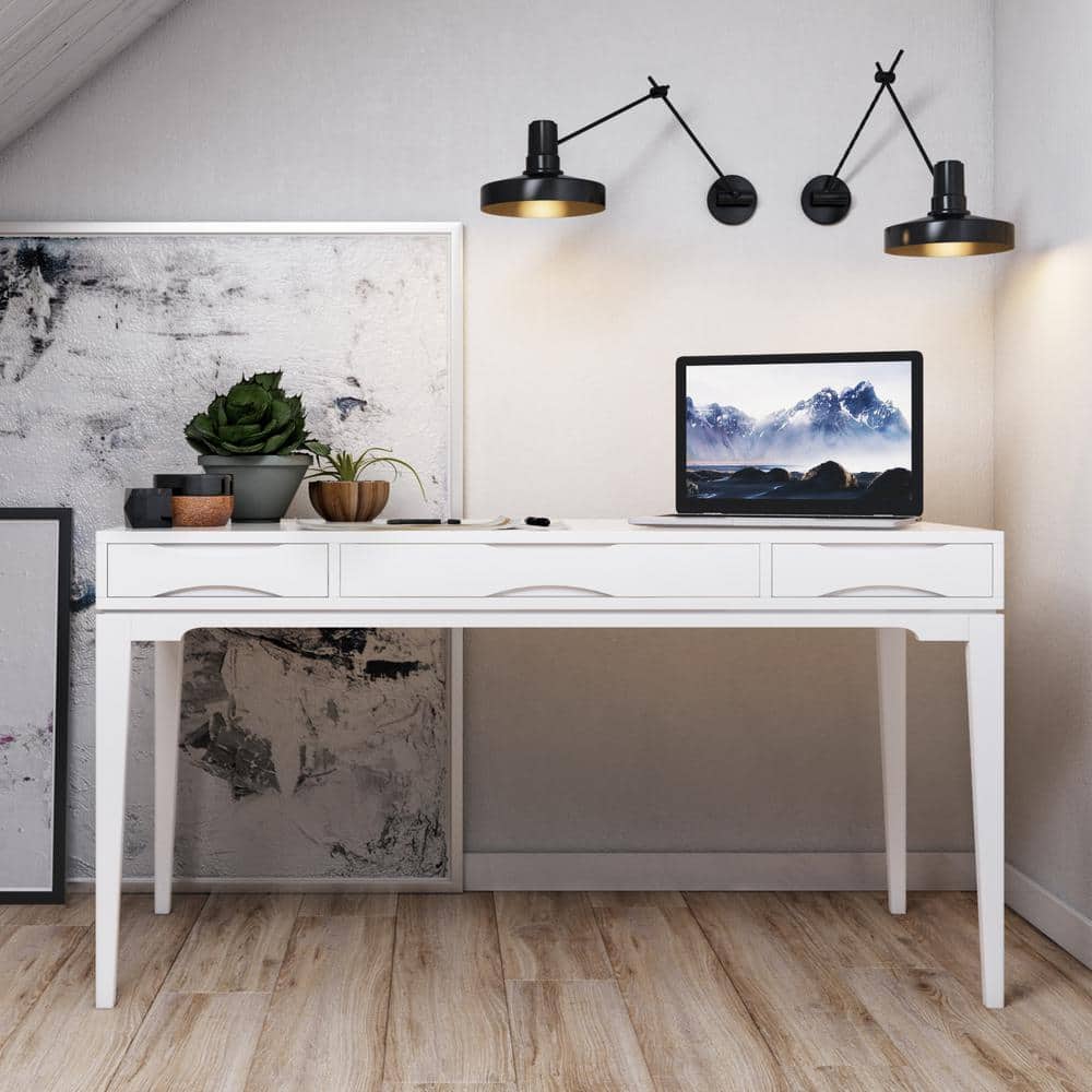 Harper White Solid Hardwood Desk with Keyboard Tray and Drawers