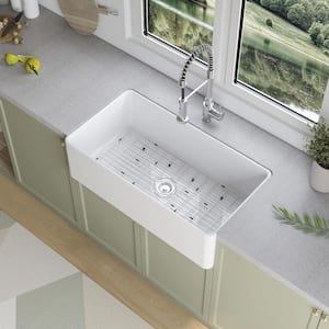 White Fireclay 36 in. Single Bowl Farmhouse Apron Kitchen Sink Workstation Kitchen Sink with Bottom Grid
