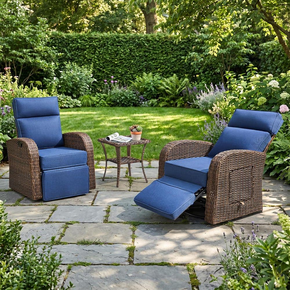 Aurelle 3-Piece Brown Wicker Outdoor Adjustable Swivel Recliner Chairs  with 5-Inch Thick Blue Cushions and Side Table price history on PriceWatchPro