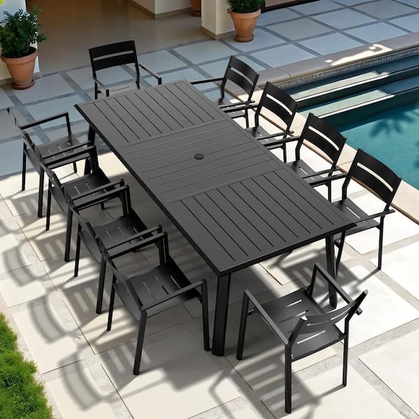 11-Piece Aluminum Outdoor Patio Dining Set, 93.9  in. Table with Umbrella Hole, and 10-Stackable Armchairs