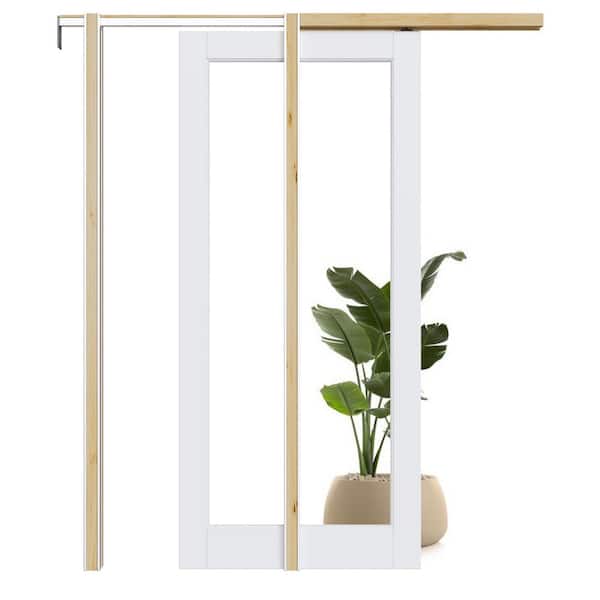 ARK DESIGN 36 in. x 80 in. 1-Lite Clear Glass White Primed Solid Core Pocket Sliding Door with Hardware Kit