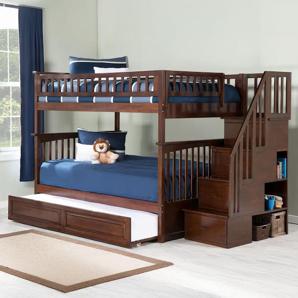 Columbia Staircase Bunk Bed Full over Full with Twin Size Raised Panel Trundle Bed in Walnut