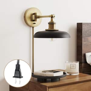 Theodore 9 in. W 1-Light Vintaged Brass/Matte Black Industrial Wall Mounted Plugin Lamp Wall Sconce with Wide Bell Shade