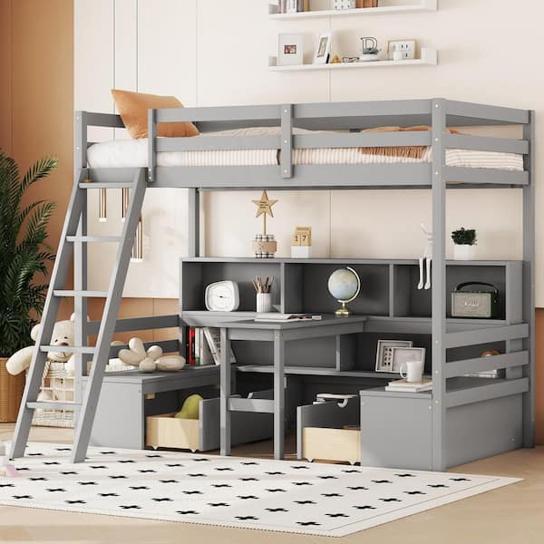 Gray Twin Size Loft Bed with Desk, Seats, Shelves and Drawers