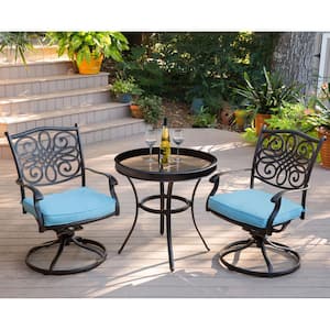 Traditions 3-Piece Aluminum Outdoor Bistro Set with Swivel Chairs with Blue Cushions