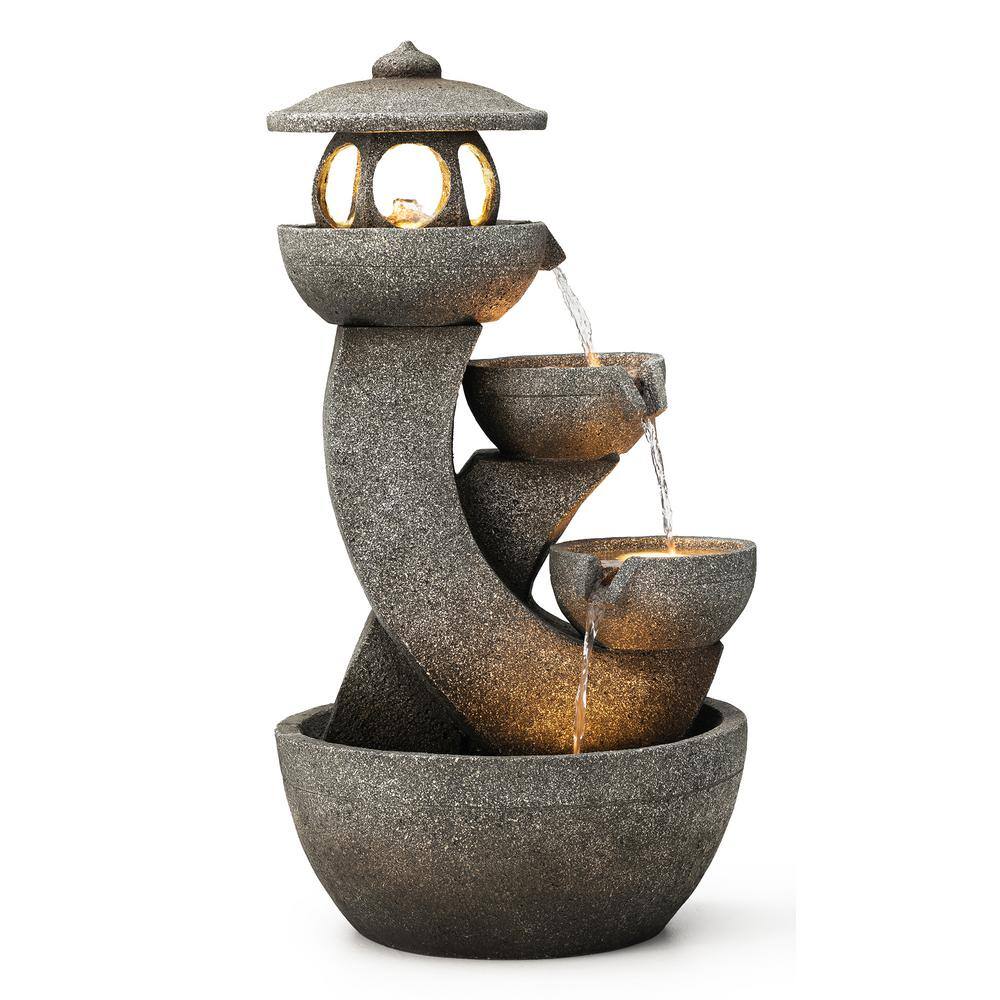 32 in. H Outdoor 4-Tiered Pagoda Polyresin Water Floor Fountain with Pump and LED Light price history on PriceWatchPro