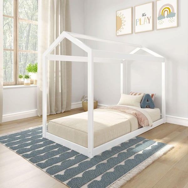 White Twin Wood Low House Bed