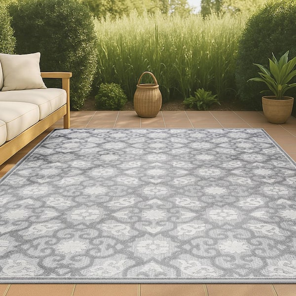 Gallia Tile Trellis High-Low Light Gray/Ivory 8 ft. x 10 ft. Indoor/Outdoor Area Rug