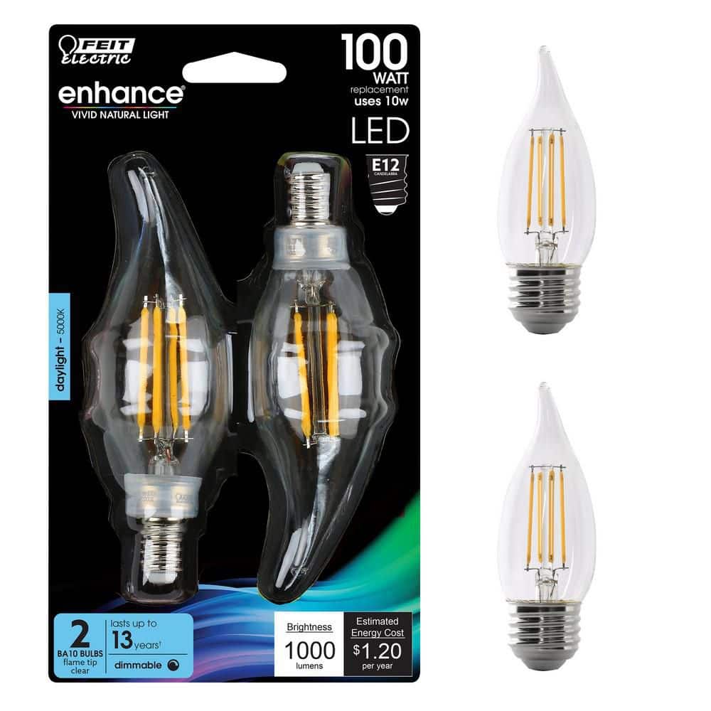 Feit Electric 100-Watt Equivalent BA10 E12 Candelabra Dimmable Filament CEC  Clear Chandelier LED Light Bulb, Daylight 5000K (2-Pack) BPCFC100950CAFIL/2  - The Home Depot