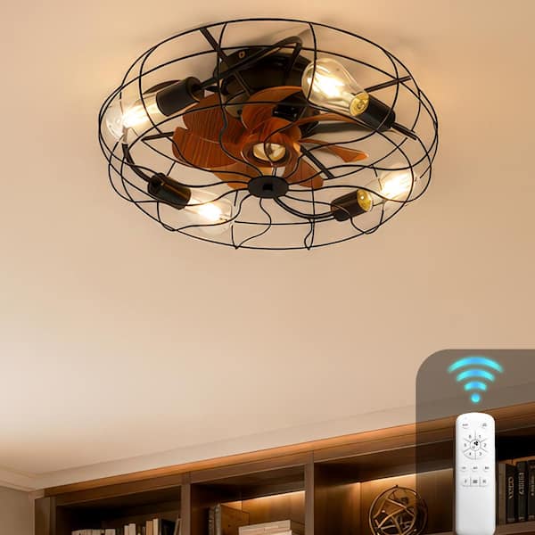 20 in. Modern Industrial Flush Mount Ceiling Fan, Remote Control, 6-Speed, Reversible DC Motor,Brown