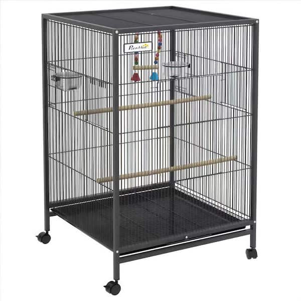 Unbranded 19 in. W x 18 in. D Gray Steel Bird Cage with Rolling Stand-Includes Swing, Stainless Steel Bowls & Removable Tray