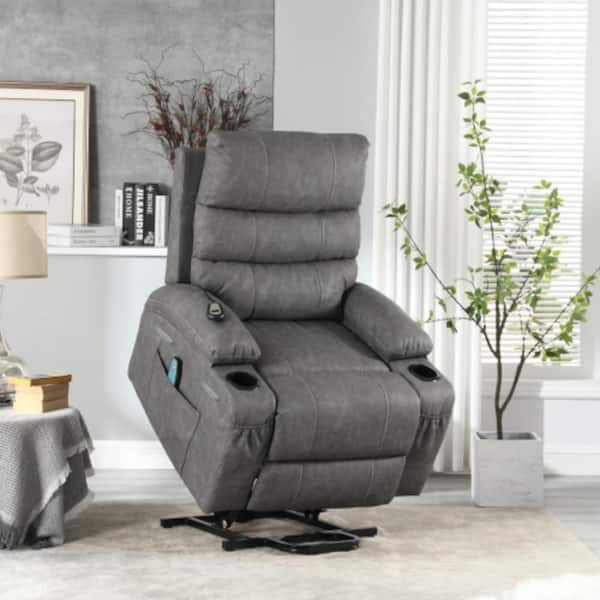 Gray Electric Power Lift  Recliner Chair with 8-Point Vibration Massage and Cup Holders