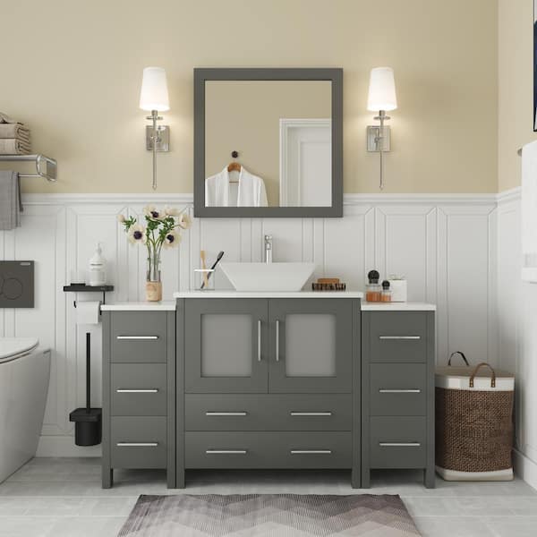 Vanity Art Ravenna 54 in. W Bathroom Vanity in Grey with Single Basin in White Engineered Marble Top and Mirror