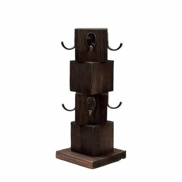 8-Hook Rustic Solid Brown Wood Mug Tree with Non-Slip Pads for Kitchen Countertop Organization