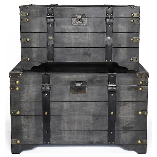 Vintiquewise Distressed Black Large Wooden Storage Trunk Coffee Table Set Of 2 Qi003366 2 The Home Depot