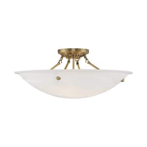Oasis 24 in. 4-Light Antique Brass Semi Flush Mount with White Alabaster Glass