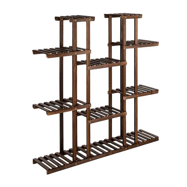 TIRAMISUBEST 47.2 in. x 9.84 in. x 49.21 in. Indoor and Outdoor Dark Brown Carbonized Wood Garden Plant Stand (6-Tiers 11-Seats)