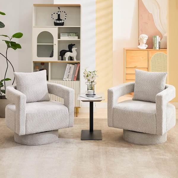 Modern Circle Chenille Boucle Farbic Gray Swivel Accent Arm Chair, Reading Chair for Bedroom Living Room(set of 2)
