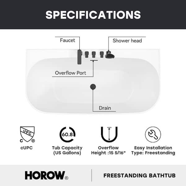 HOROW 59 in. x 28.7 in. Freestanding Acrylic Soaking Bathtub in