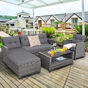 4-Piece Plastic Wicker Outdoor Sectional Set with Gray Cushion Patio Rattan Furniture Set Sofa Ottoman Garden Deck