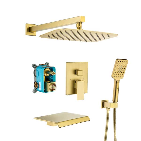 RAINLEX Waterfall Spout Single-Handle 3-Spray Square High Pressure Tub and Shower Faucet in Brsuhed Gold (Valve Included)