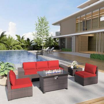 Halmuz 7-Piece Wicker Patio Conversation Set with 55000 BTU Gas Fire Pit Table and Glass Coffee Table and Red Cushions (6+1)-Red