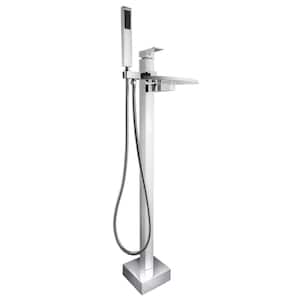 1-Handle Freestanding Floor Mount Roman Tub Faucet Bathtub Filler with Waterfall Style and Hand Shower in Chrome