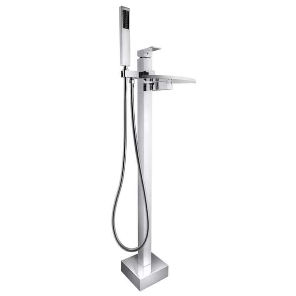 AKDY 1-Handle Freestanding Floor Mount Roman Tub Faucet Bathtub Filler with Waterfall Style and Hand Shower in Chrome