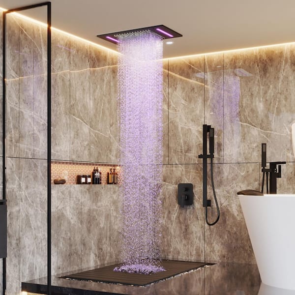 Single Handle 2-Spray Ceiling Mount 64-Color Mood Lighting Shower Faucet 2.5 GPM with Pressure Balance in Matte Black