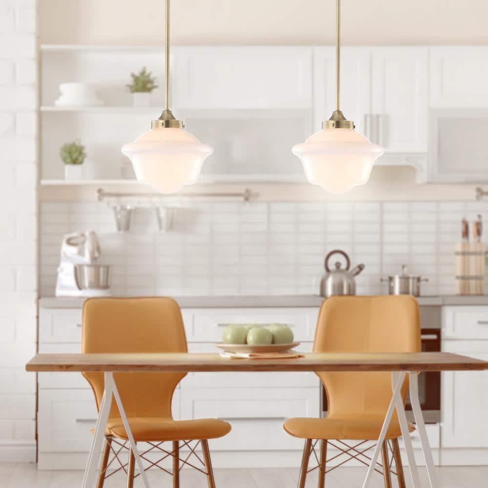 Kurtz 9.5" Brass Gold & White Glass LED Pendant with Adjustable Drop