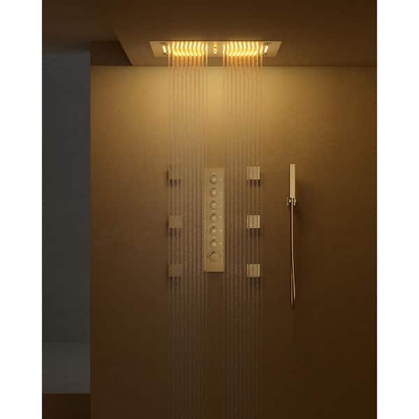 31-Spray 23 x 15in. Dual Shower Heads Ceiling Mount Fixed and Handheld Shower Head with Music in Brushed Gold