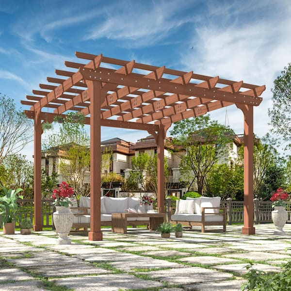 12 ft. W x 12 ft. D Wood Outdoor Patio Pergola Shade Structure, Cedar Gazebo Grape Trellis