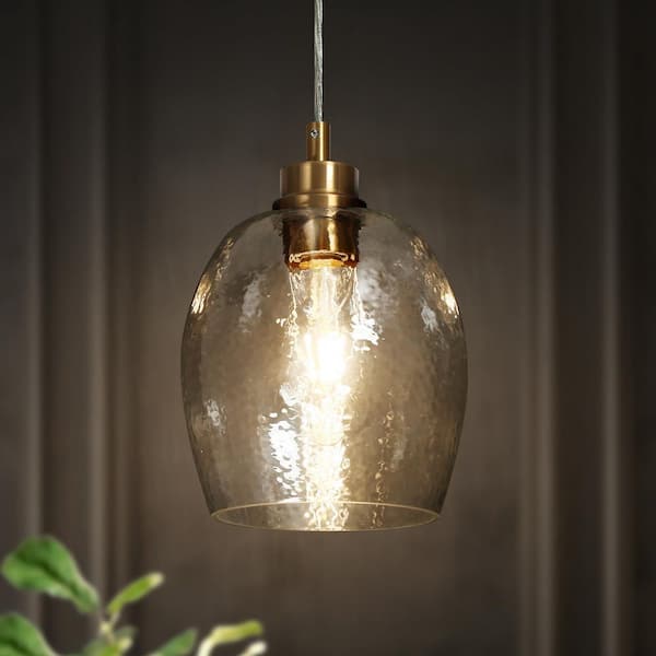 Transitional Kitchen Island Pendant Light 1-Light Plating Brass Bell Pendant Light with Textured Glass Shade