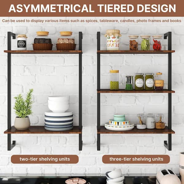Industrial 3-Shelf and 2-Shelf Wood Wall-Mounted Spice Rack Display Shelves Bookshelf Bathroom Shelves